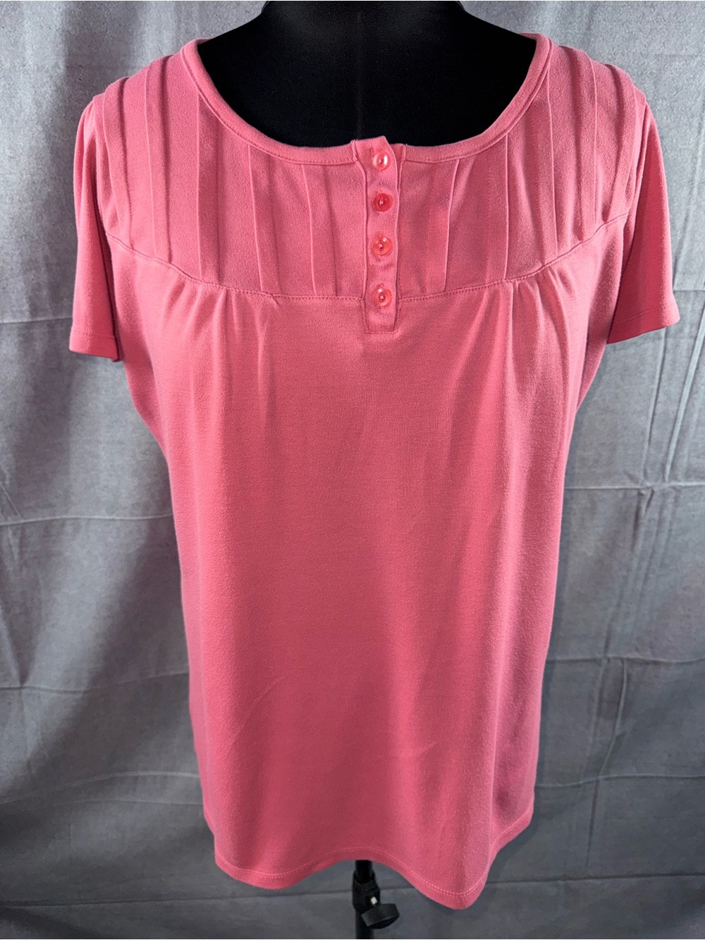 3079-Roaman's Coral Pink Short-Sleeve Knit Top with Button Placket